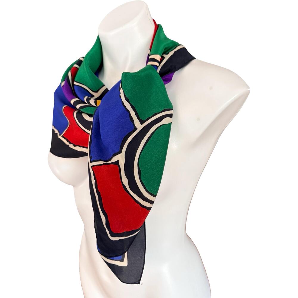Vintage Echo Silk Chiffon Scarf Geometric Circles Primary Colors Bold 33x34 - Picture 7 of 11